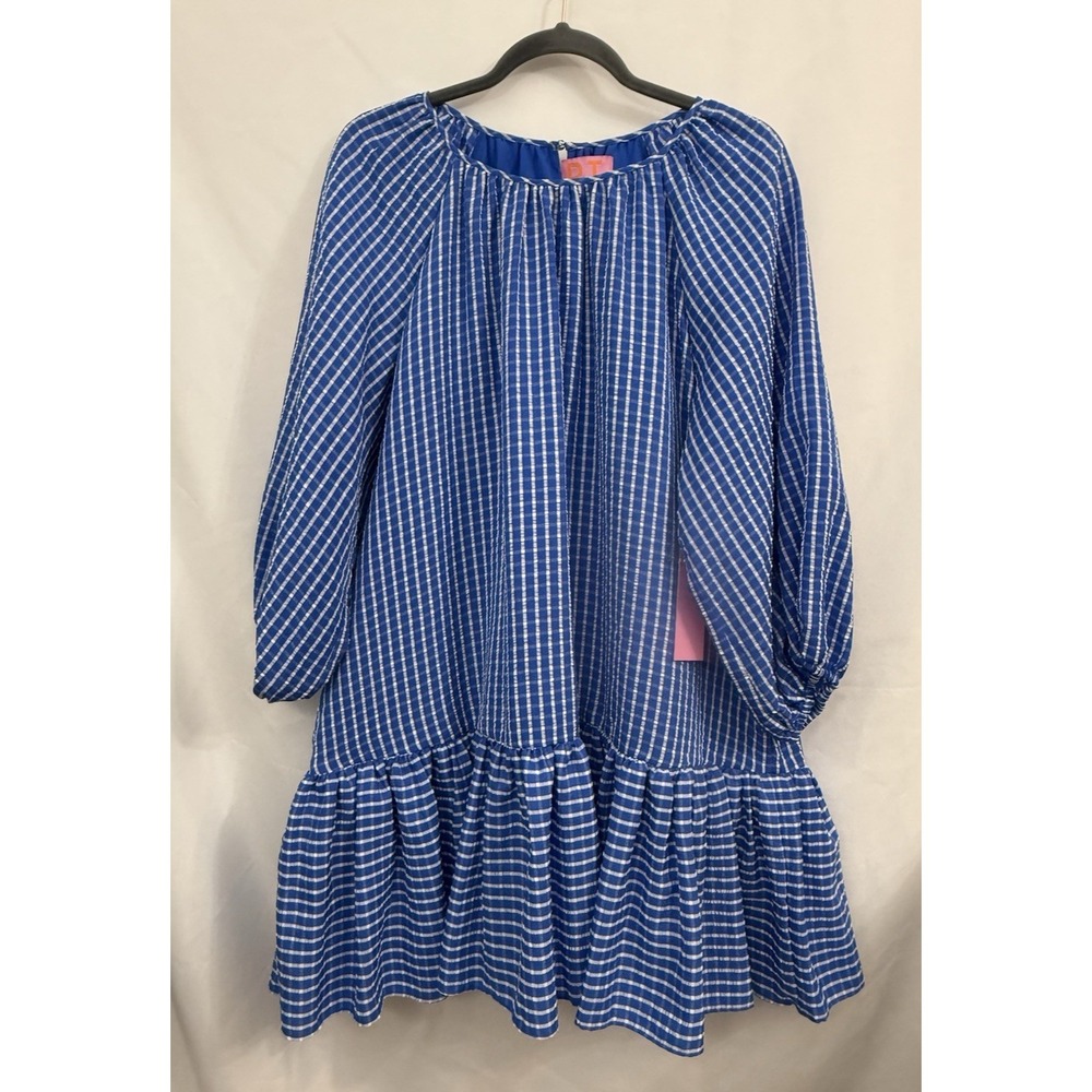 NWT LDT Mini Shift Dress‎ Blue White Plaid Ruffle Hem Womens Size 12 Nautical